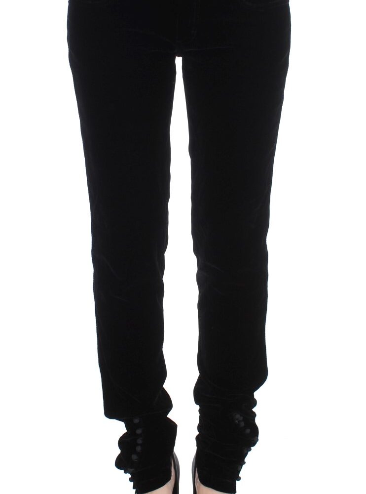 Black Viscose Blend Velvet Slim Fit Pants