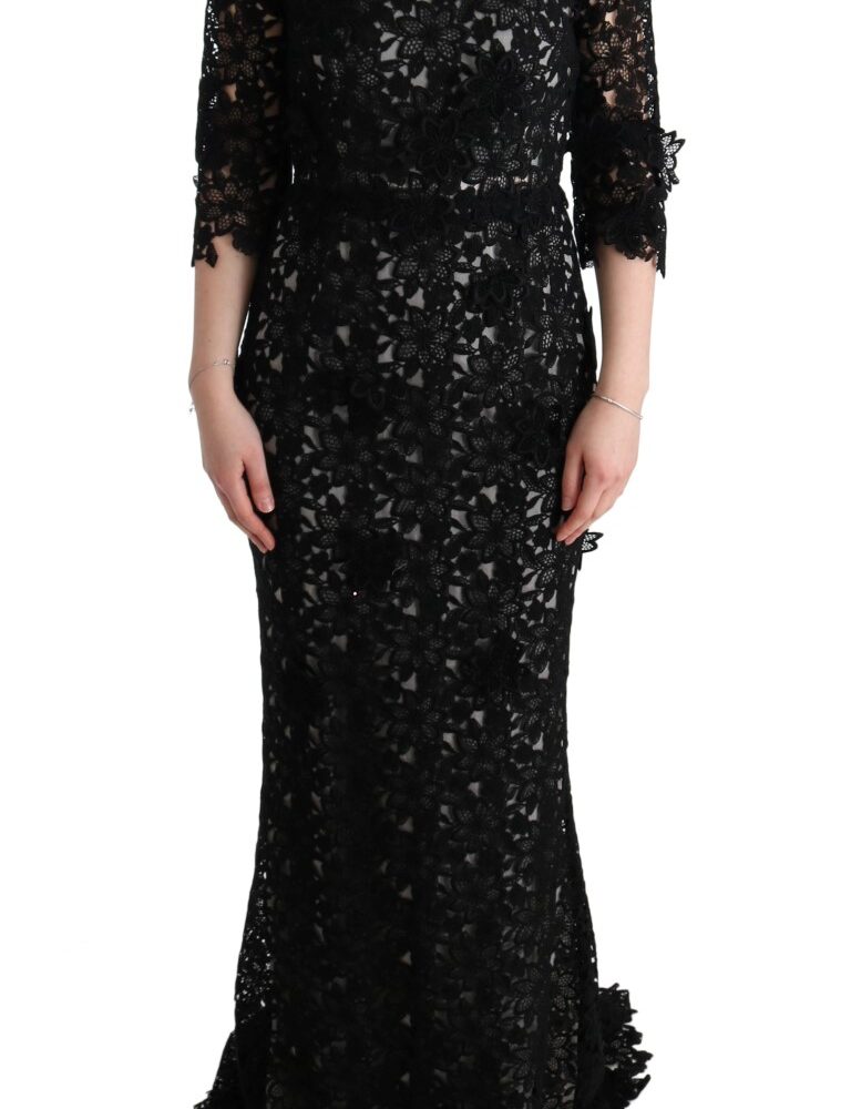 Black Cotton Silk Floral Long Dress