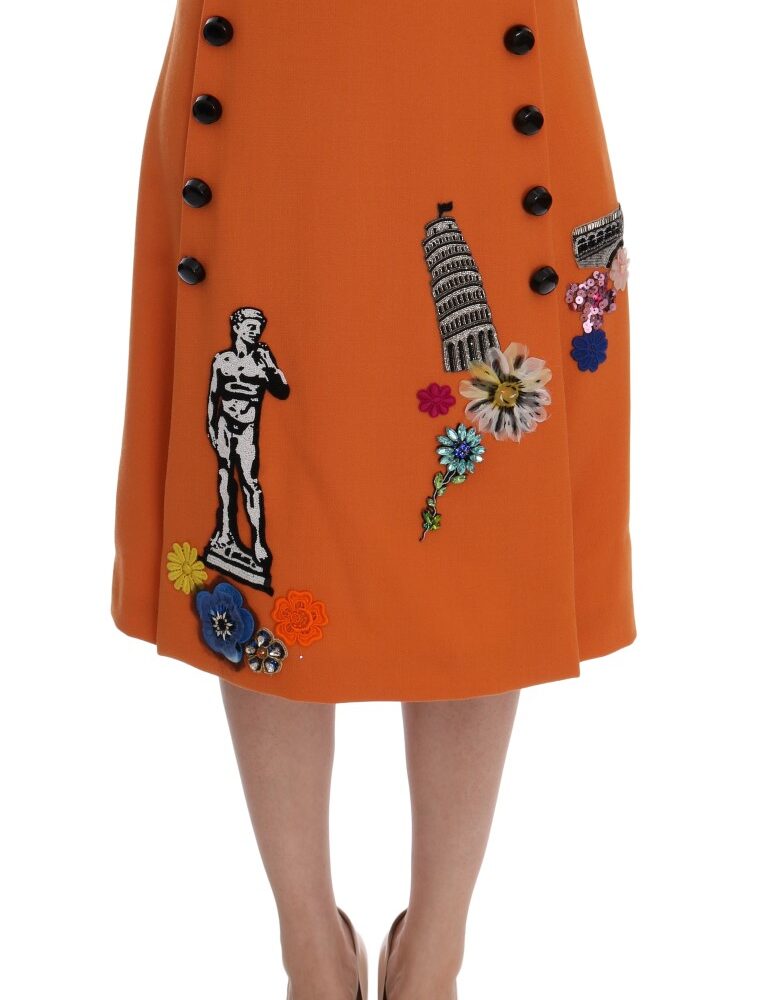 Orange Wool Crystal Sequin Appliques Skirt