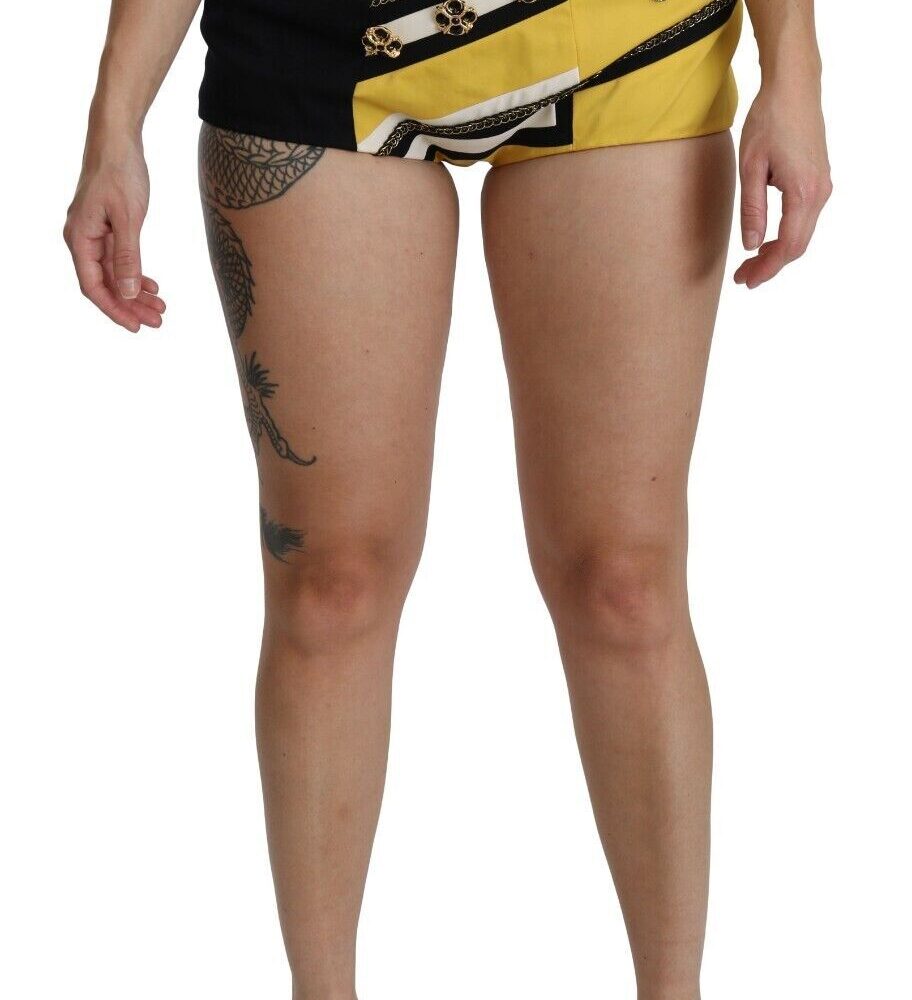 Yellow Black Cotton Jewelled Hot Pants Shorts