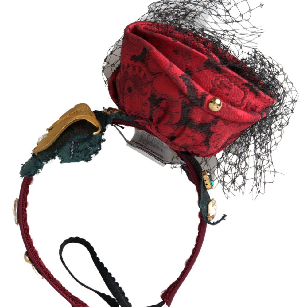 Red with multicolor Rose Silk Crystal Netted Logo Diadem Headband