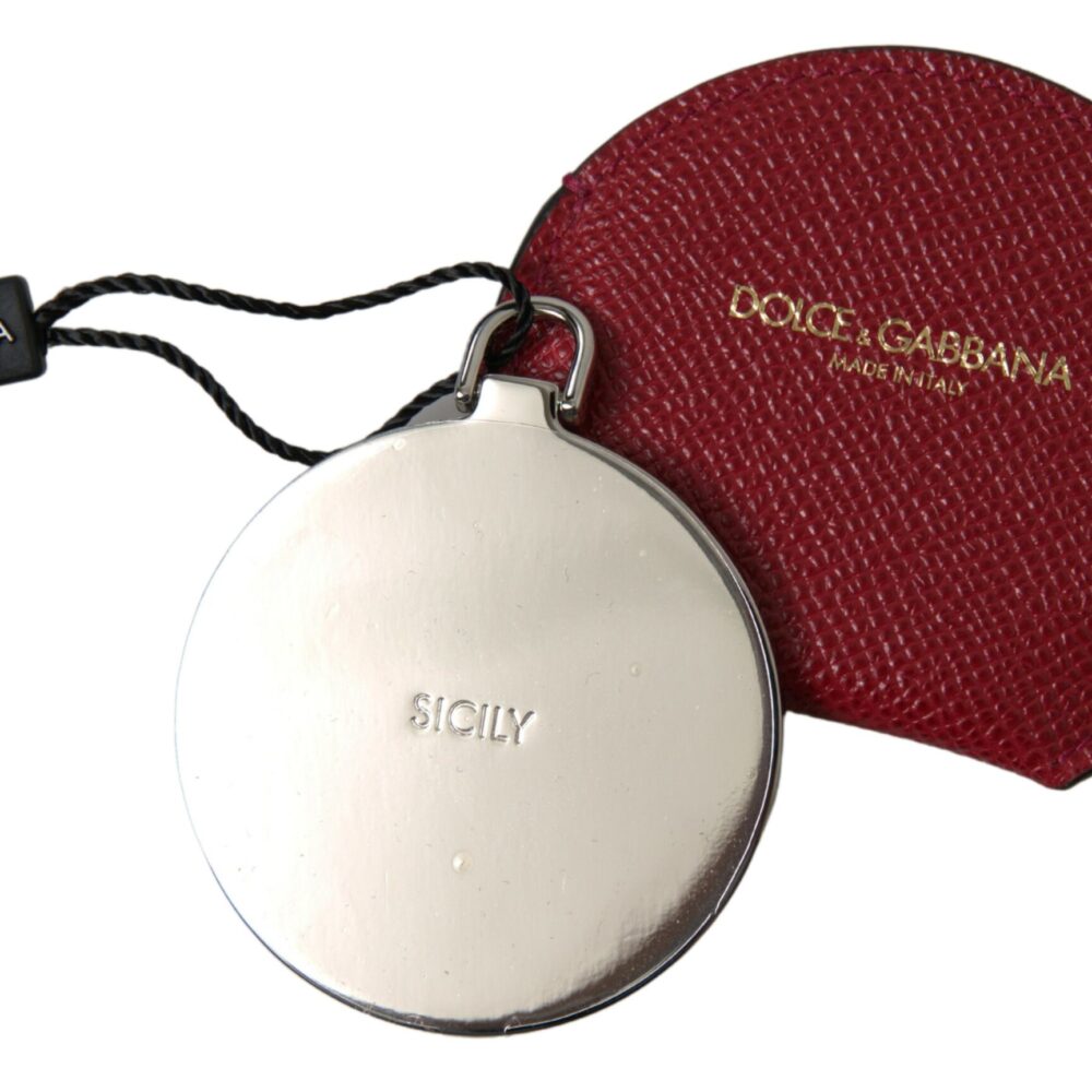 Red Calfskin Leather Round Hand Mirror Holder