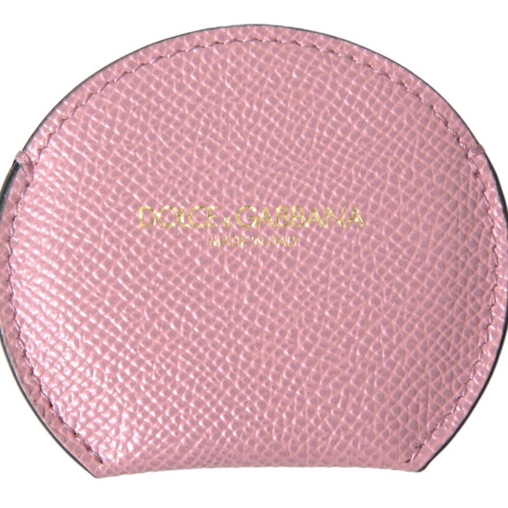 Pink Calfskin Leather Round Logo Print Hand Mirror Holder