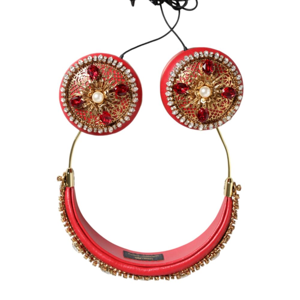 Red Nappa Leather Floral Crystal Headphone