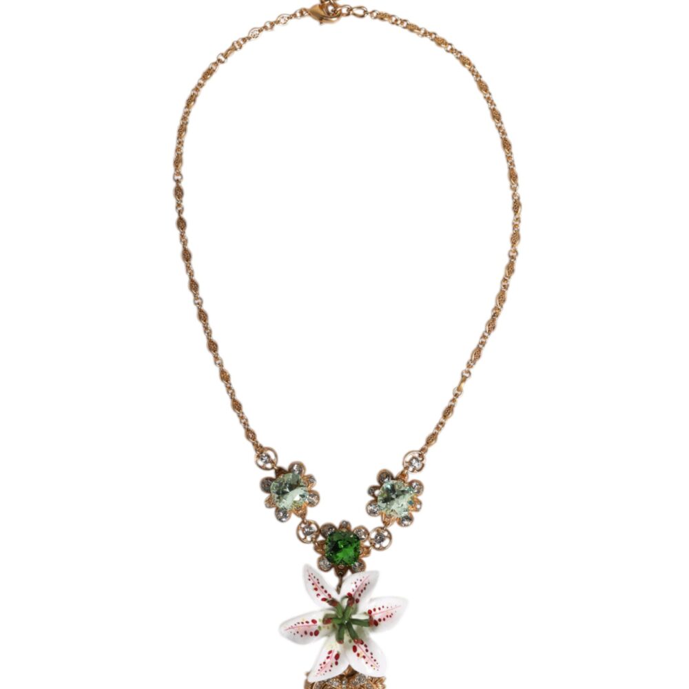 Gold Brass Lily Crystal Sacred Heart Pendant Necklace