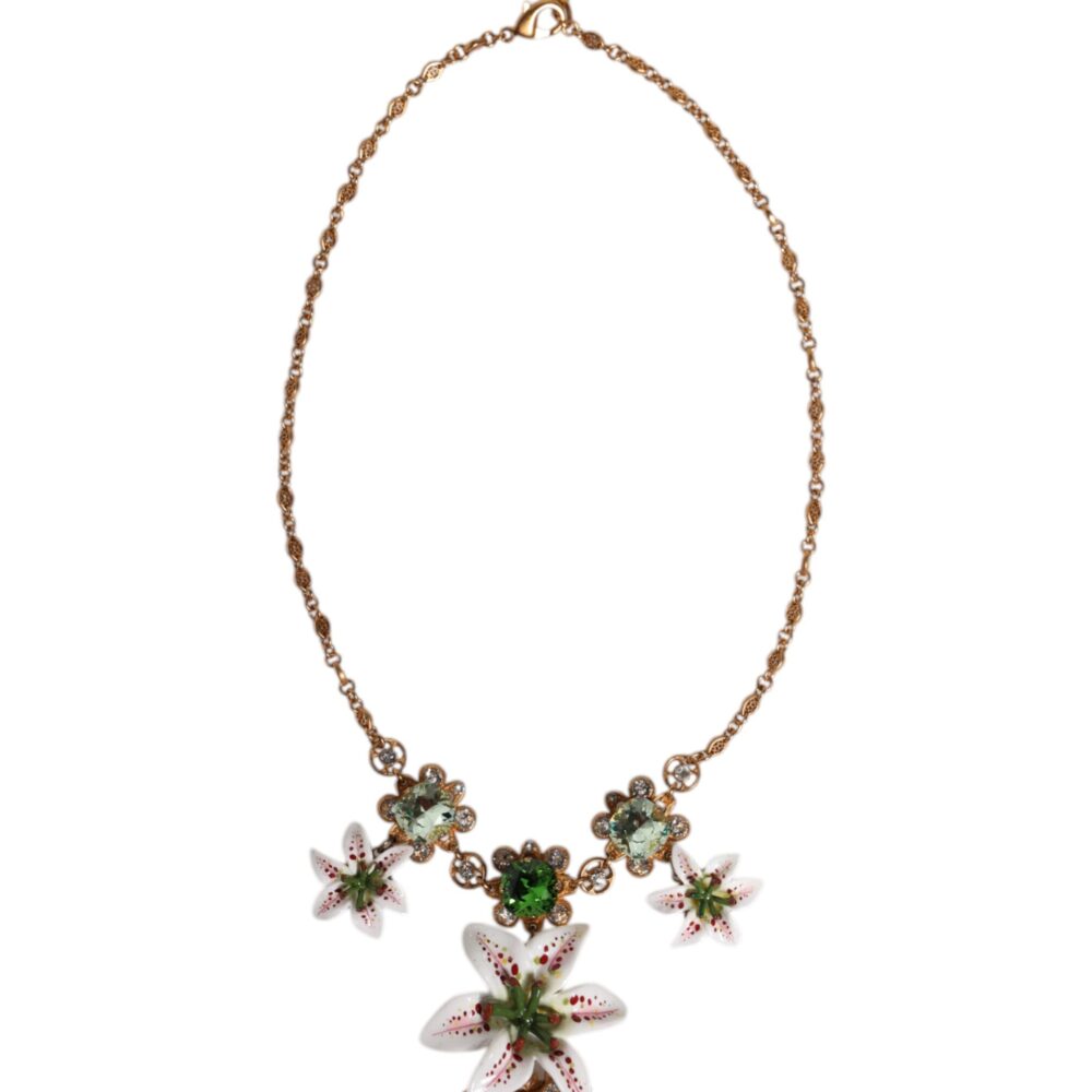 Gold Brass Lily Crystal Sacred Heart Pendant Necklace