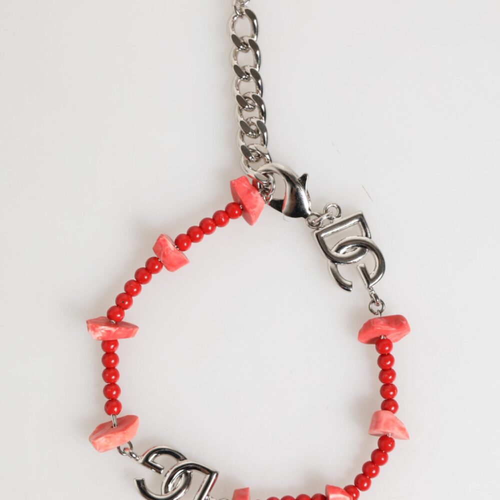Silver Tone Brass Beaded Resin DG Logo Chain Men Bracelet