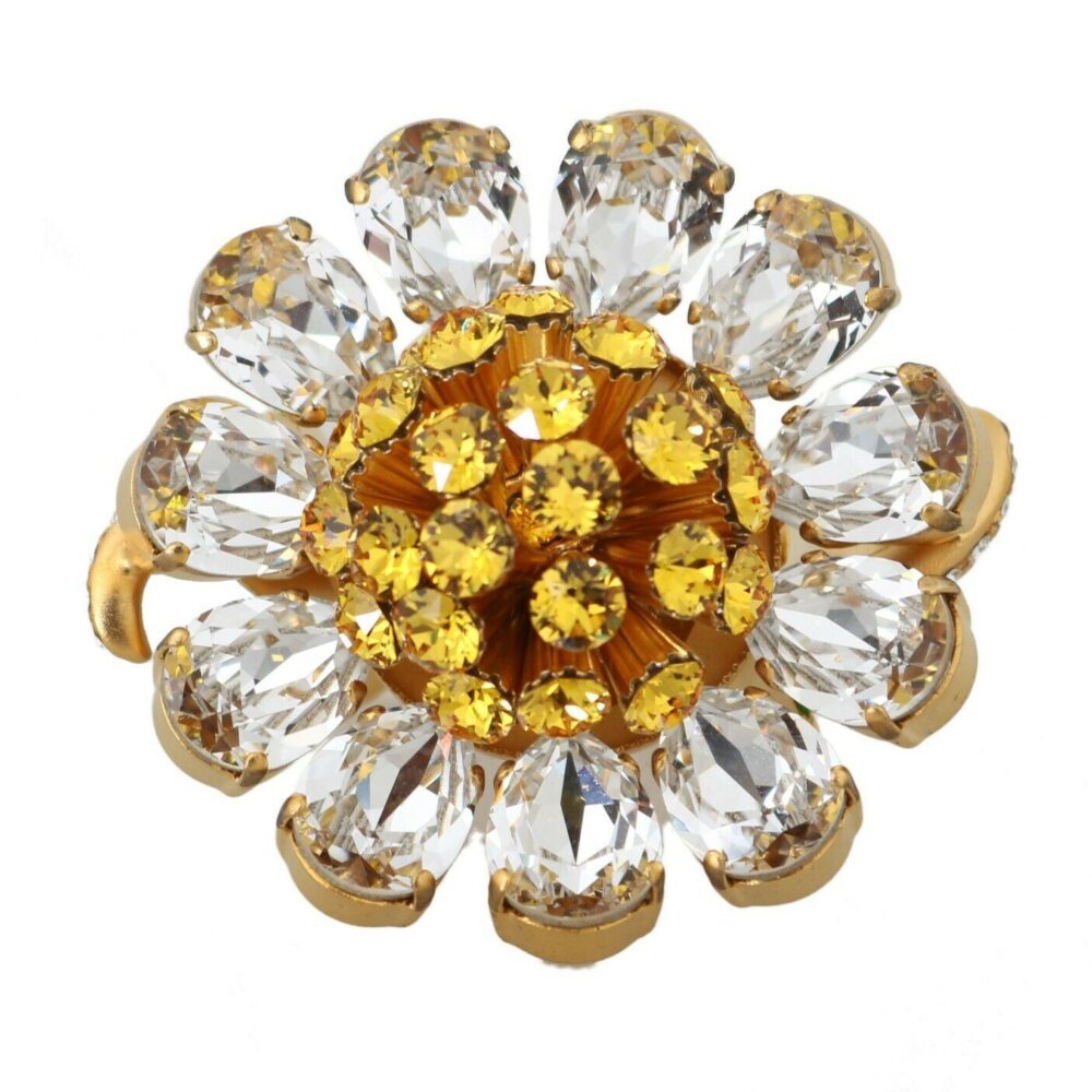 Gold Brass Yellow Crystal Flower Ring