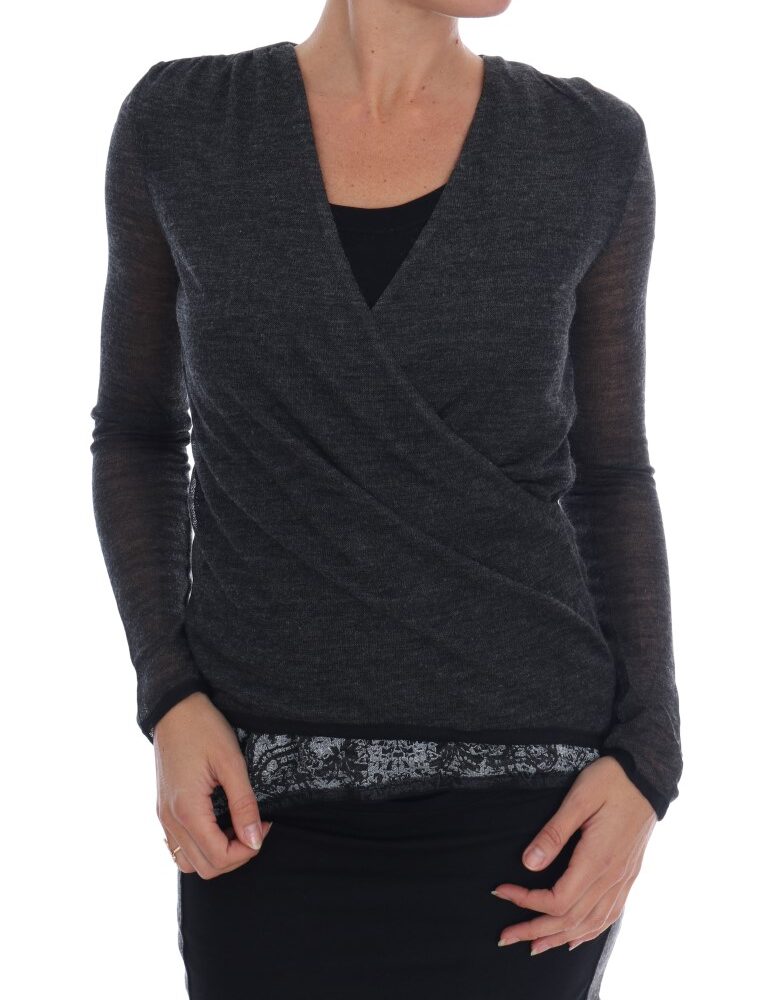 Gray Wool Lace Top Long Sleeved T-shirt