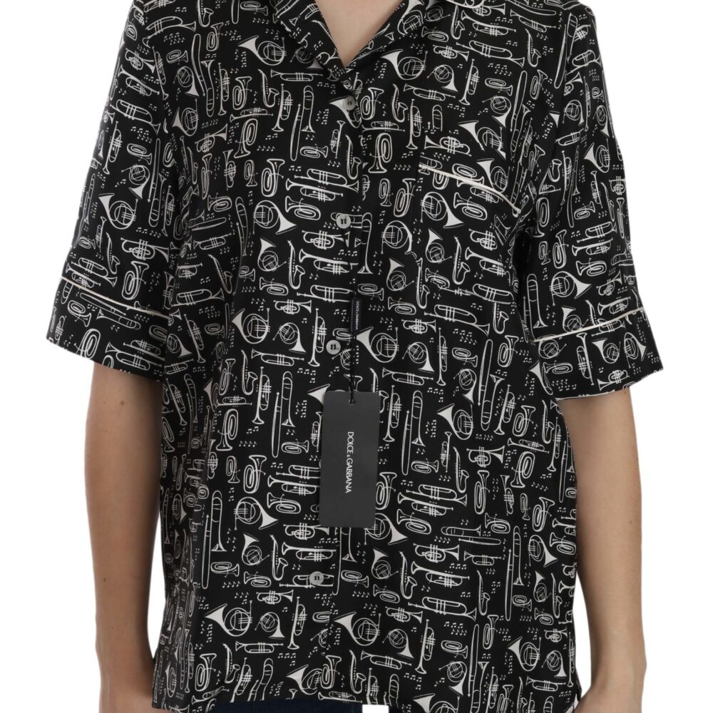 Black Musical Instrument Print Silk  Top