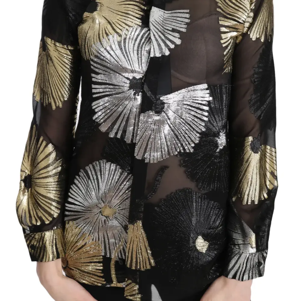 Gold Silver Silk Jacquard See Through Top Blouse