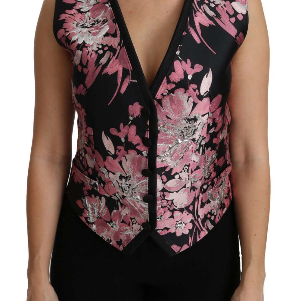 Black Pink Floral Waistcoat Vest Blouse Top
