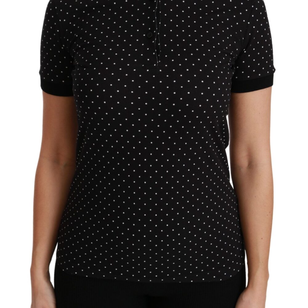 Black Dotted Collared Polo Shirt Cotton Top