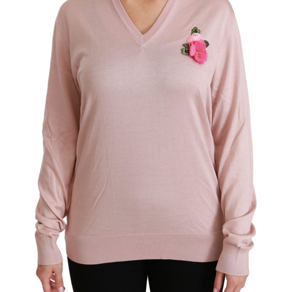 Pink Floral Embellished Pullover Silk Sweater