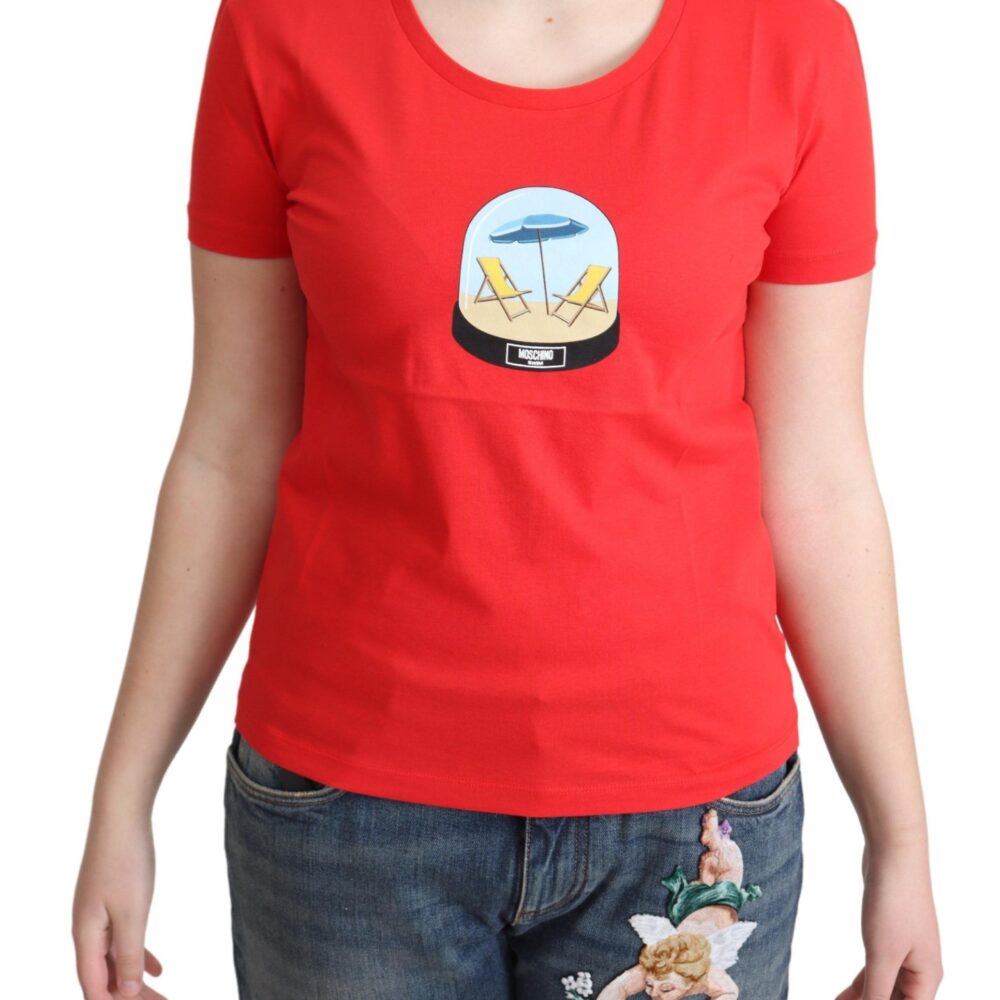 Red Printed Cotton Short Sleeves Tops Blouse T-shirt