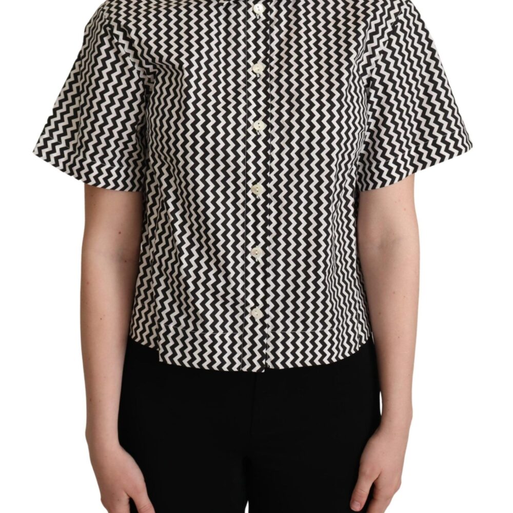 Black White Zigzag Collar Cotton Top Shirt