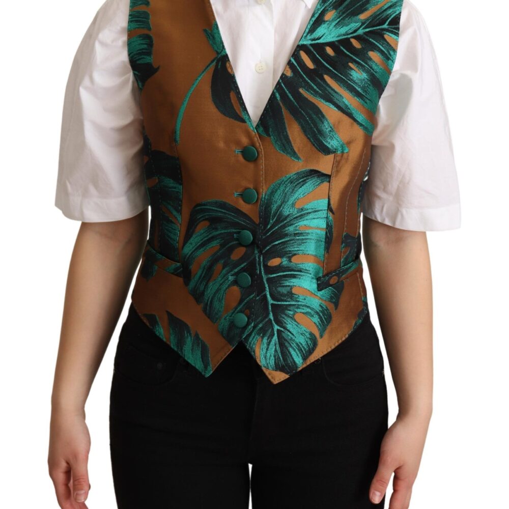 Green Jacquard Leaf Gold Waistcoat Vest