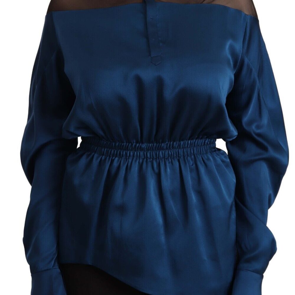 Blue Silk Long Sleeves Elastic Waist Top Blouse