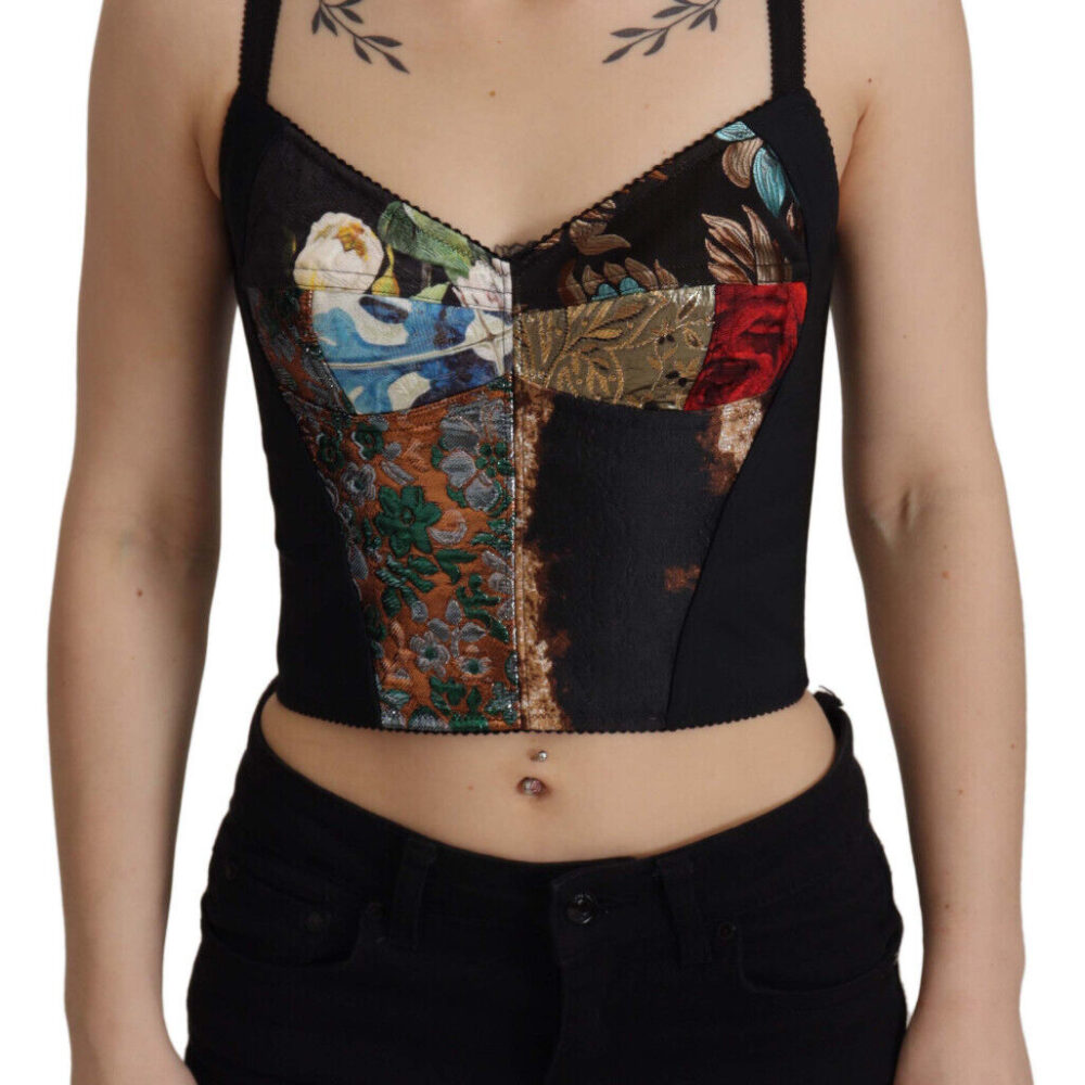 Black Patchwork Sicily Blouse Corset Cropped Top