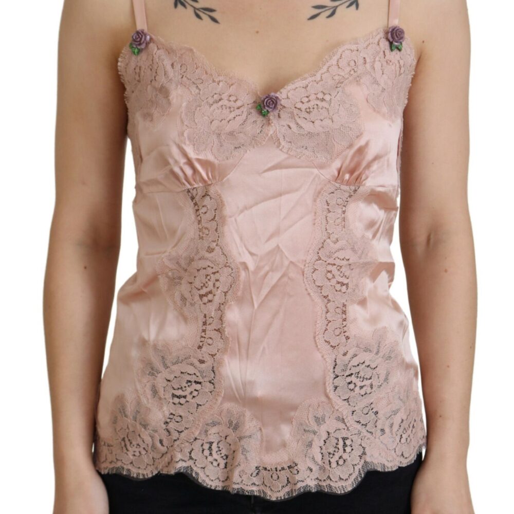 Pink Satin Lace Roses Tank Top Lingerie