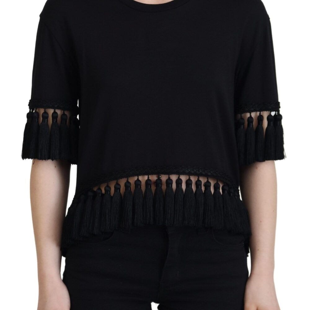Black T-shirt Blouse Tassle Cotton Blouse
