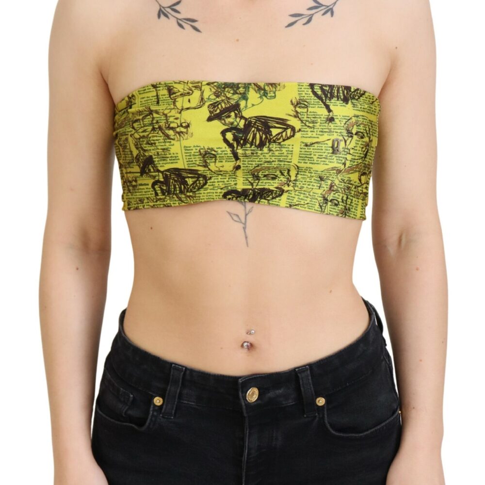 Yellow Newspaper Print Cropped Blouse