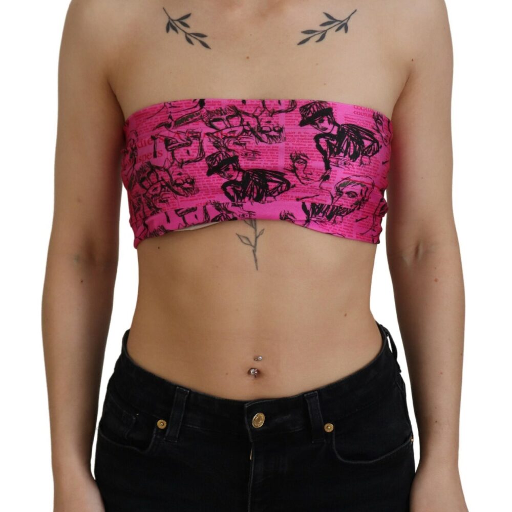 Pink Newspaper Print Bra Cropped Blouse