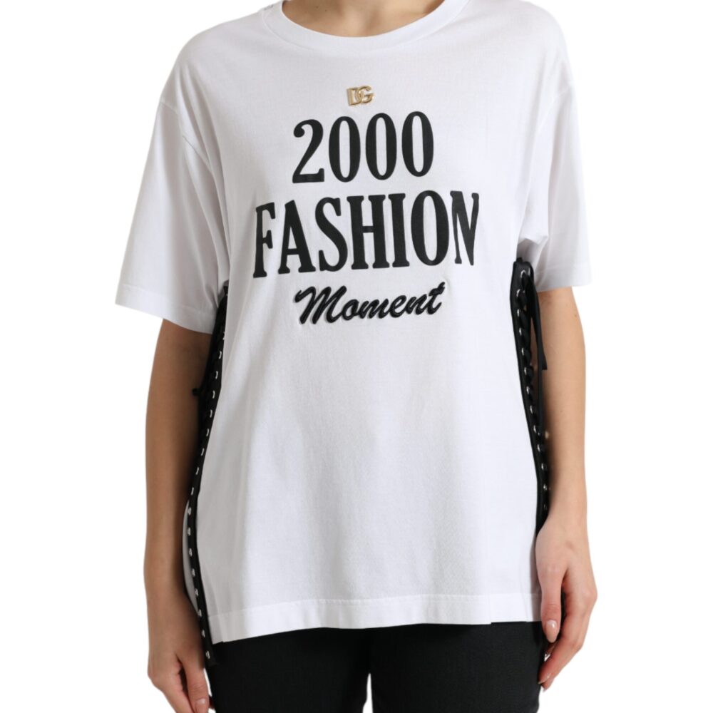 White Slogan Print Lacing Detailed T-shirt
