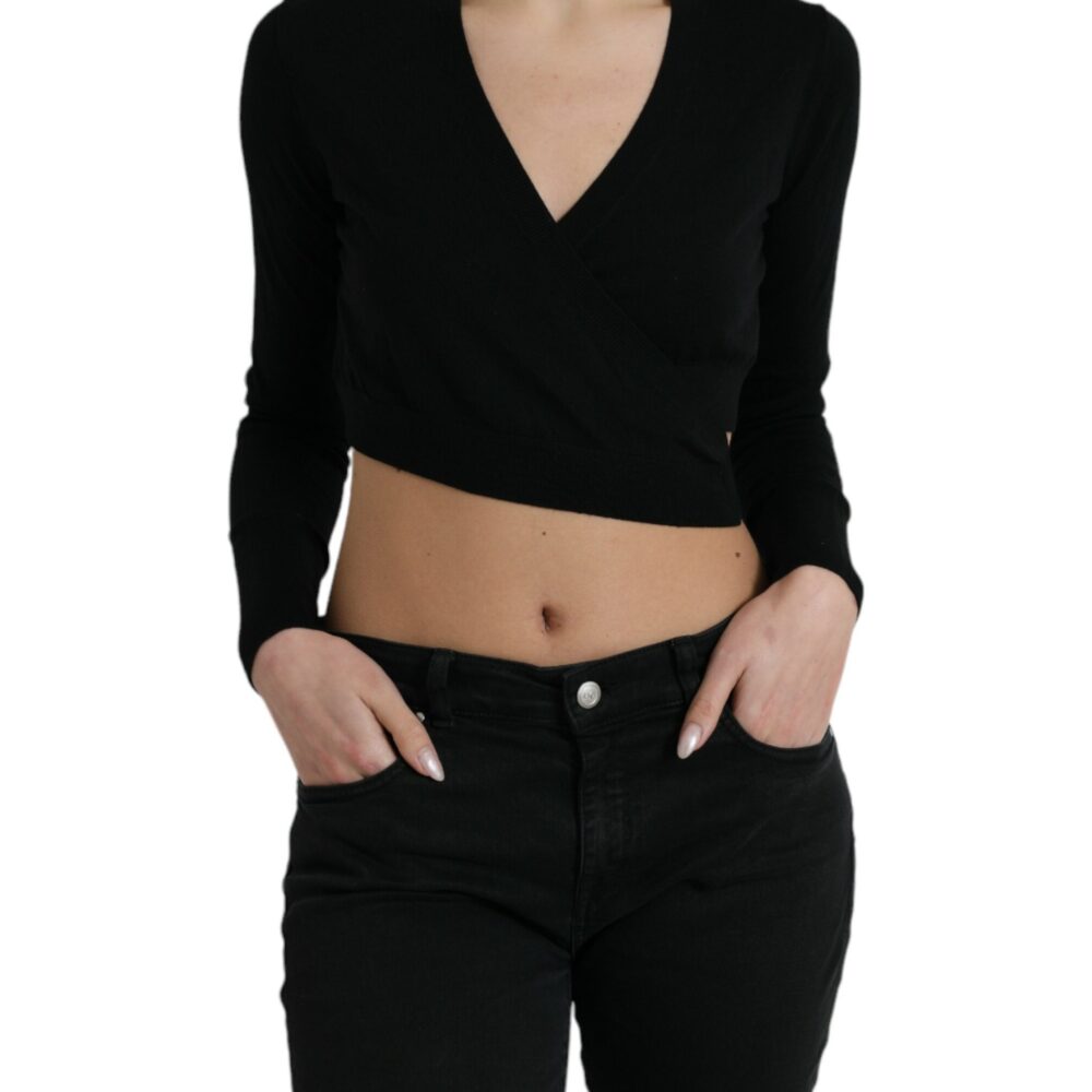 Black Wool V-neck Crossed Cardigan Sweater