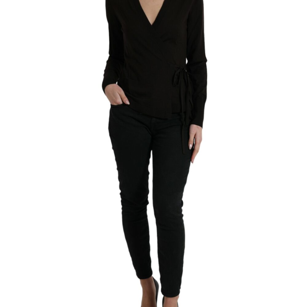 Black Wool V-neck Crossed Cardigan Sweater