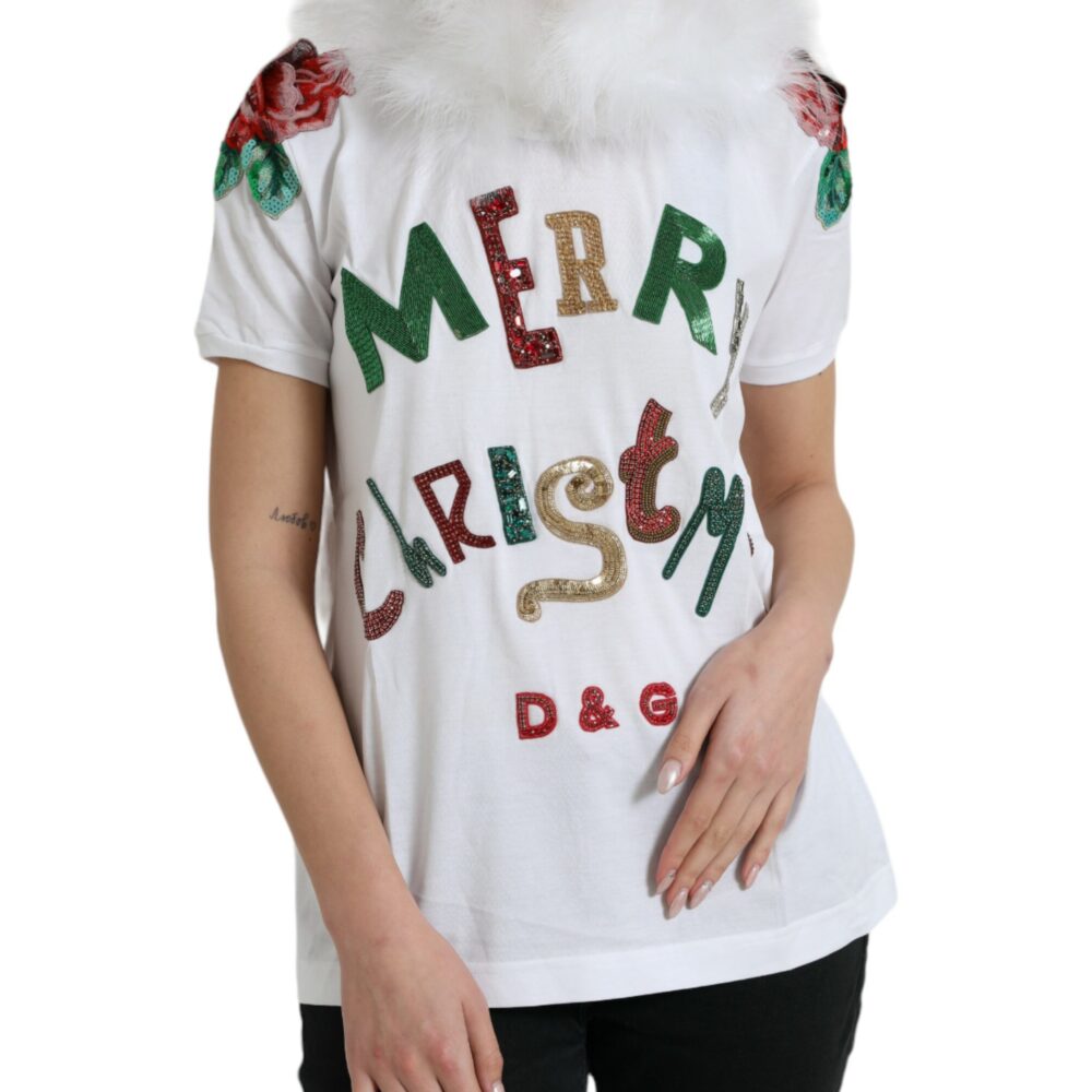 White Cotton Christmas Sequin Fur T-shirt