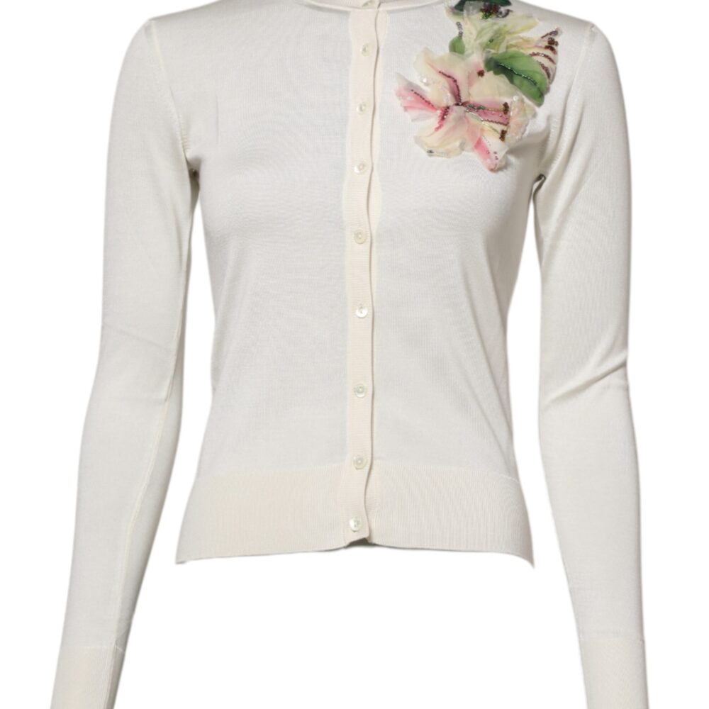 White Silk Lily Embellished Cardigan Sweater