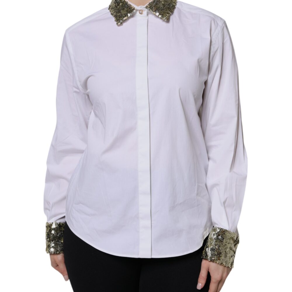 White Cotton Long Sleeves Sequin Shirt Top