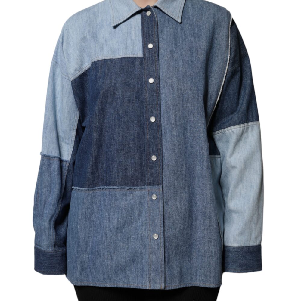 Blue Cotton Button Up Collared Long Sleeve Top