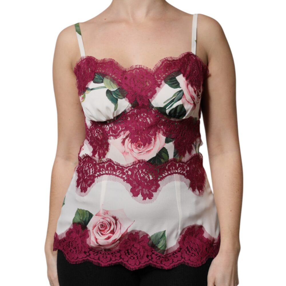 White Rose Print Satin Lace Tank Top Lingerie