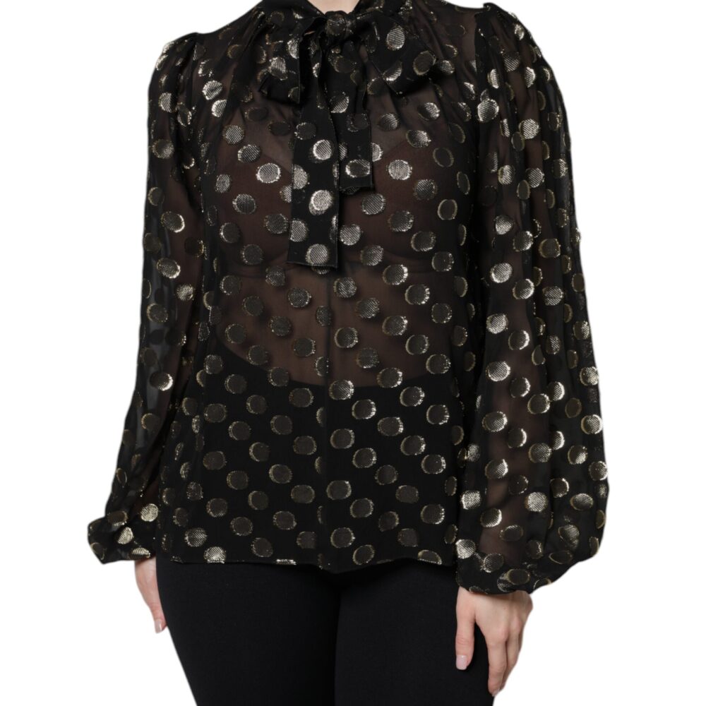 Black Sheer Tied Neck Polka Dots Blouse Top