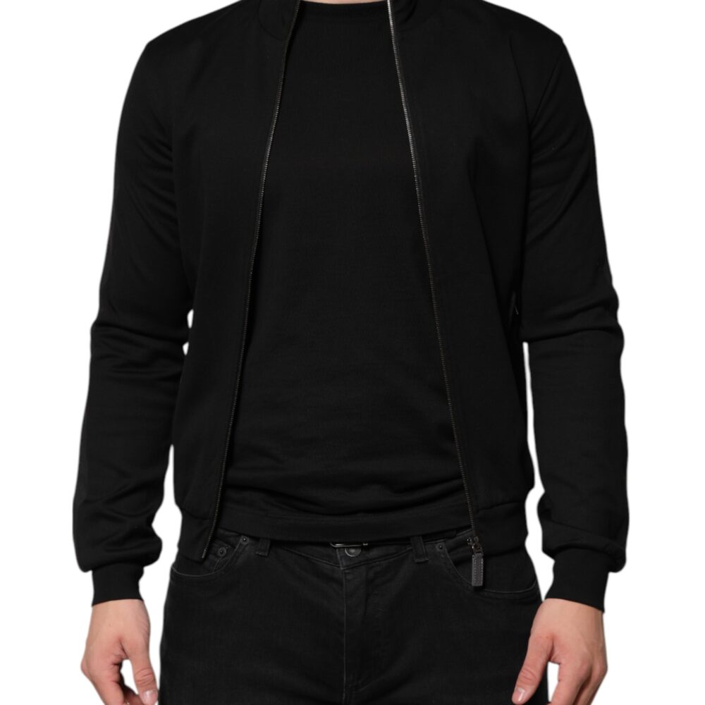 Black Cotton Logo Full Zip Men Bomber Jacket
