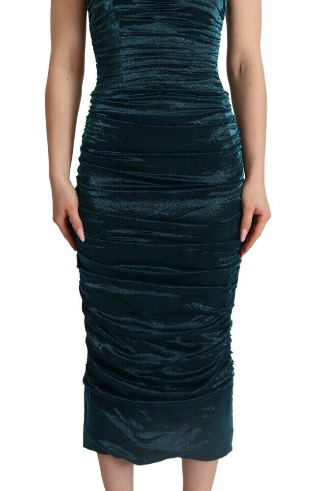 Turquoise Bustier Bodice Draped Midi Dress